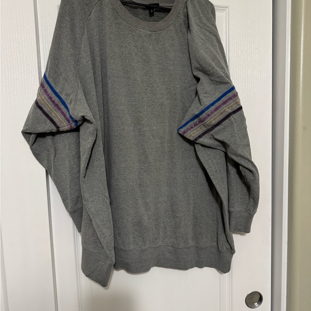 Torrid Gray and Blue Crewneck Sweater with Striped Sleeves